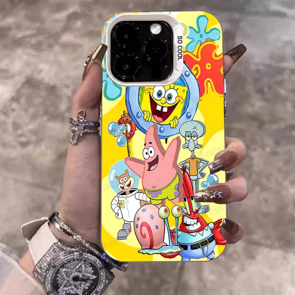Cartoon Niedlich S-SpongeBob Anime Handyhülle Für IPhone 17 16 15 14 11 12 13 Pro Max Pro Plus Farbige Silberne Hülle