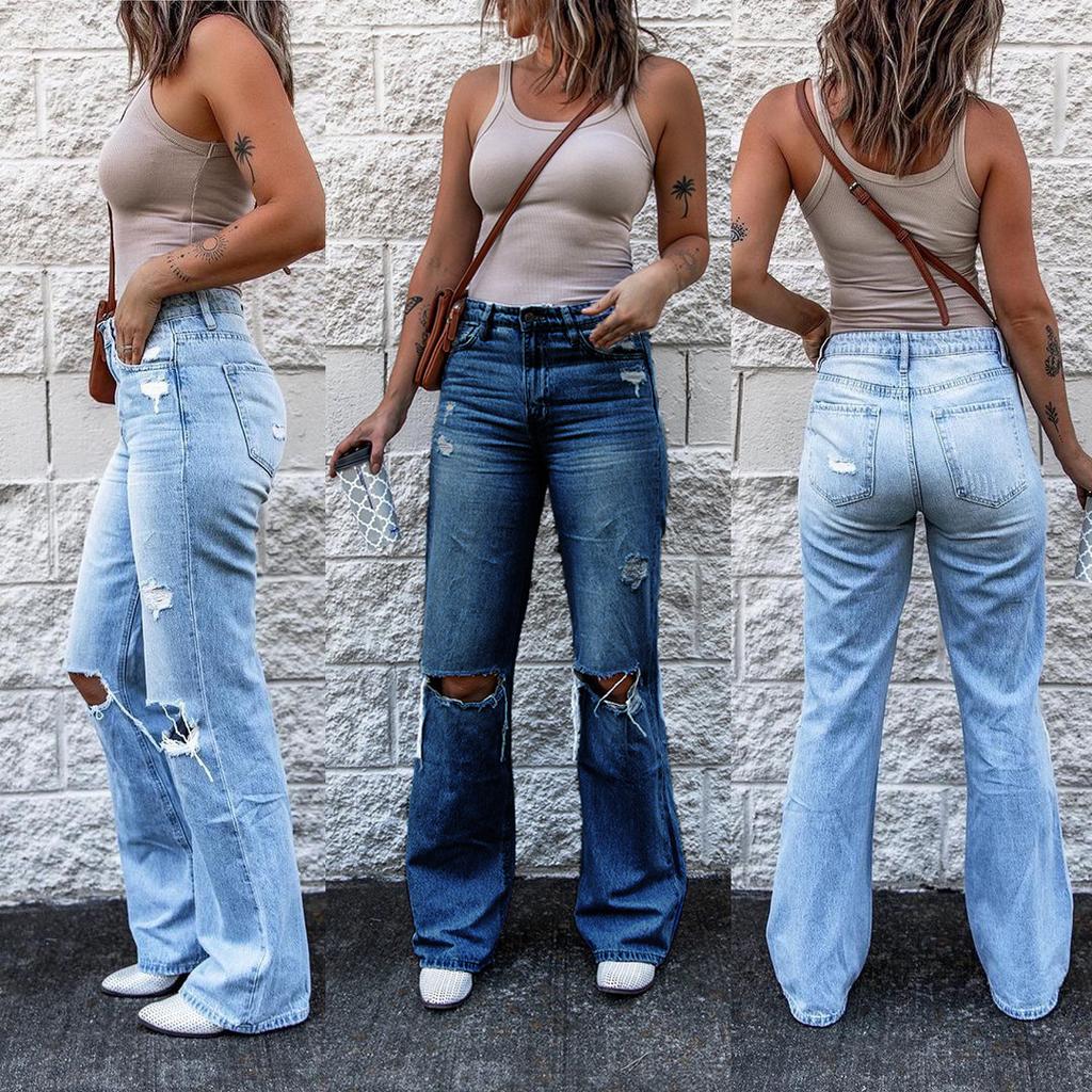 Women's High Rise Flare Jeans Slim Fit Distressed Ripped Knee Non Stretch Vintage Streetwear Casual Denim Pants