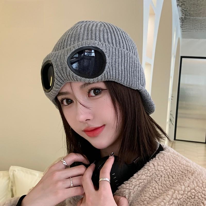 Cap Glasses Knitted Solid Color Bean Hat Windproof Breathable Outdoor Winter