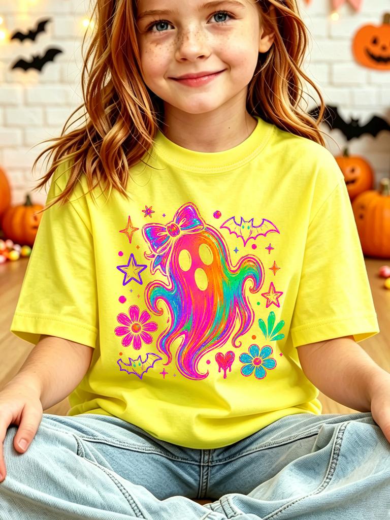 Kids Rainbow Ghost Bow Bat Flower Star Graphic Tee Boys Girls Family Matching Short Sleeve Halloween Party Casual Daily T Shirt