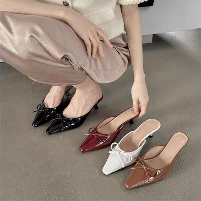 Pumps Women's Spring New Pointed Toe Heel Slipper Fashion Butterfly-knot Shallow Slip On Ladies Mules Shoes Thin High Slides