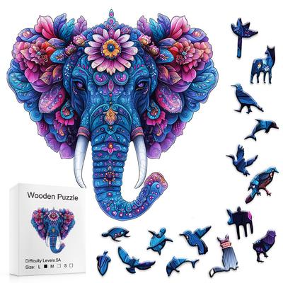 Elephant With Flowers Wooden Puzzle Irregular Small Animal Pieces Flat Wooden Puzzle