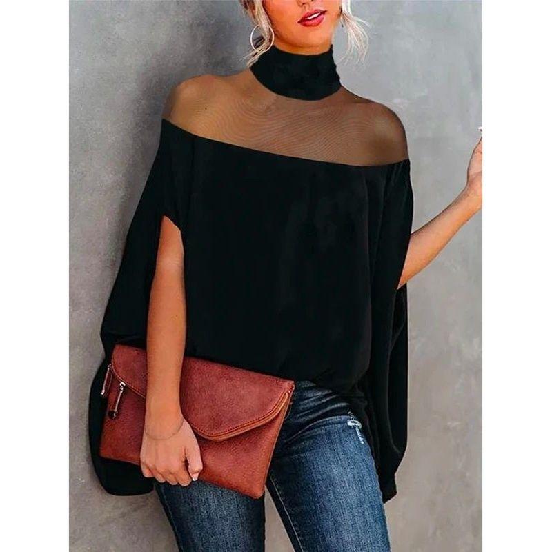 

Transparent off Shoulder Cape Top Transparent off Shoulder Cloak Type Bat Sleeve Shirt Top BLACK S
