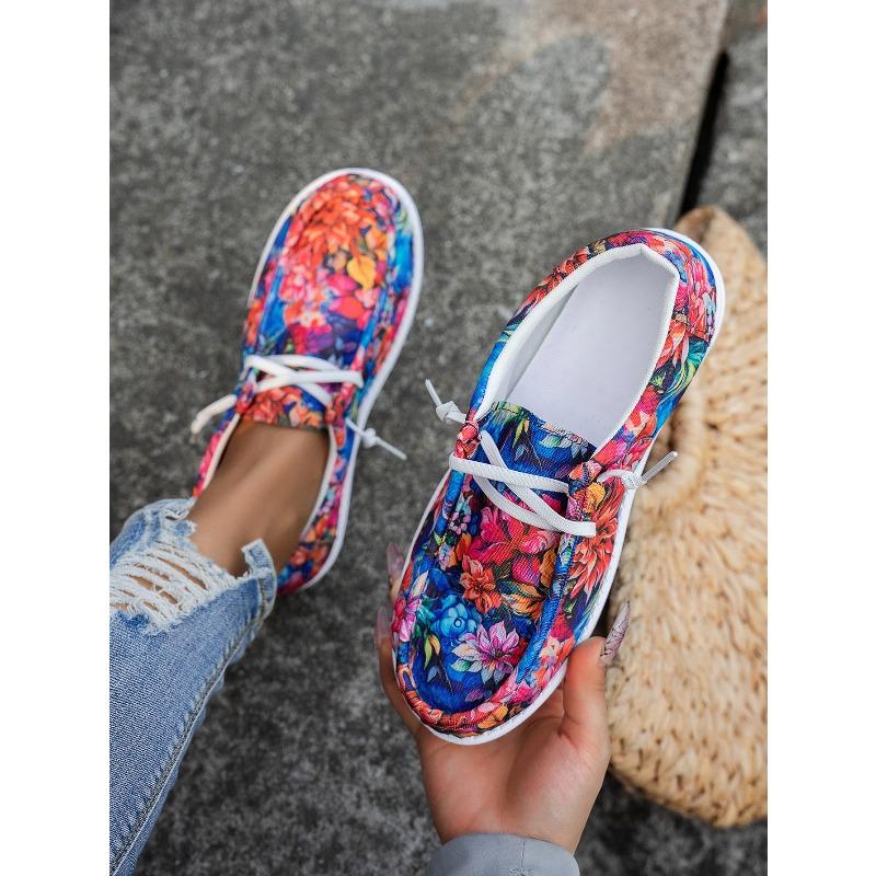 Women's Plus Size Floral Lace-Up Low-Top Sneakers, Casual Sport Shoes