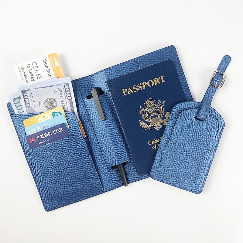Multi-Function PU Leather Passport Cover & Luggage Tag Set with Pen Holder and Edge Stitching