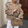 Women Lapel Double Breasted Short Jacket Shoulder Pad Solid Color Casual Coat