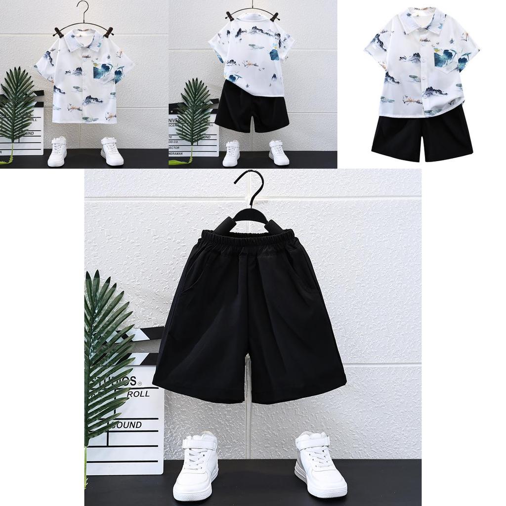 Trendy Summer Childrens Outfit For Boys Featuring Soft Cotton Short Sleeve Shirt And Shorts Set