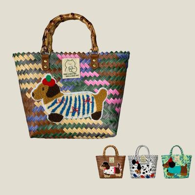 Retro Striped Dachshund Dog Woven Bag Trendy Cute Handbag Large Capacity Tote Bag Bamboo Handle Vegetable Basket Bag