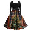 Women's Fashion Retro Long-sleeved Square Collar Christmas Printed Evening Dress