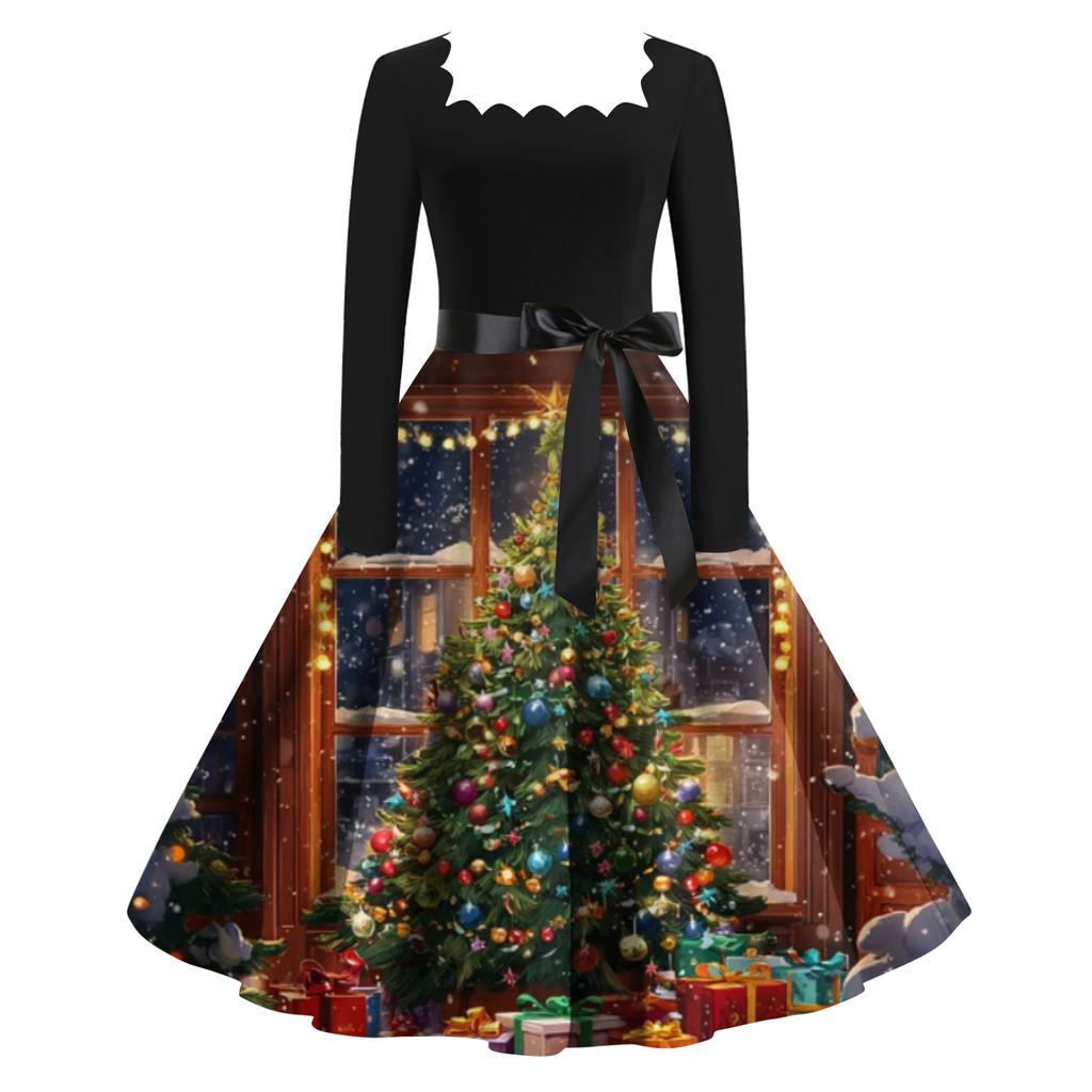Women's Fashion Retro Long-sleeved Square Collar Christmas Printed Evening Dress