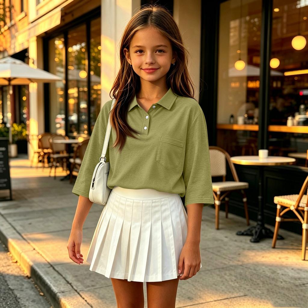 Children's Color 3/4 Sleeve Button Down Shirt with Collar and Side Slits, Casual Everyday Wear
