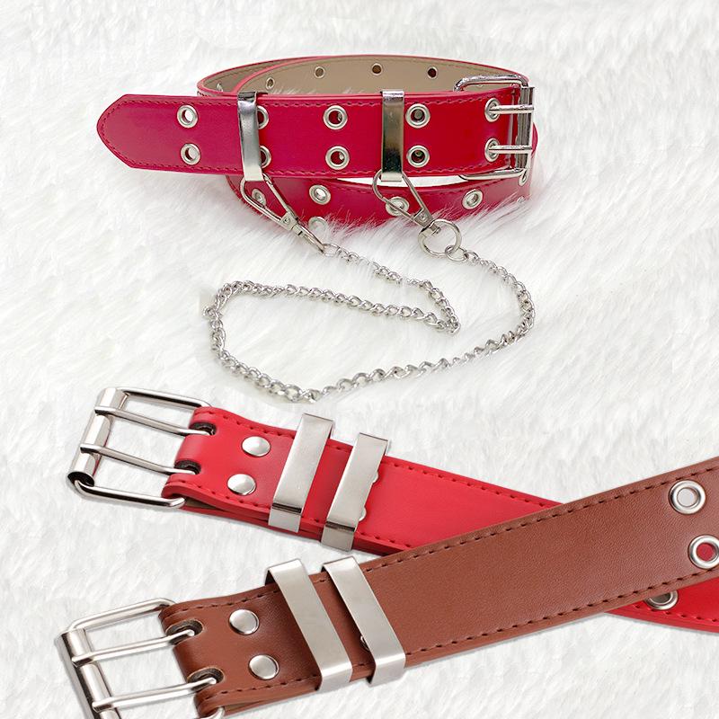 European & American Hip-Hop Punk Style Leather Eyelet Belt with Chain Decoration