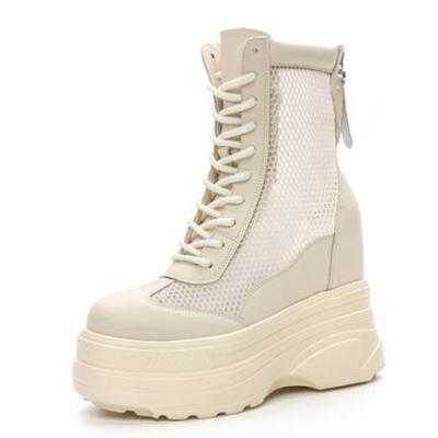 Modne 11cm Air Mesh Hollow Cow Genuine Leather modne letnie sandały Casual Knee High ZIP Botki Oddychające Buty na platformie klinowej