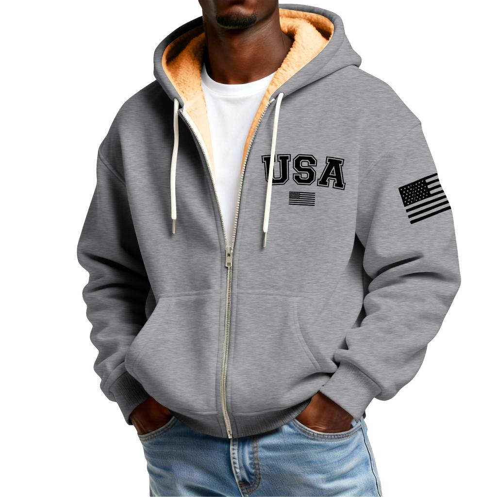 Men's Flag Print Fleece-Lined Zip-Up Pocket Hooded Sweatshirt Cardigan Men's Casual Sweatshirt Cardigan