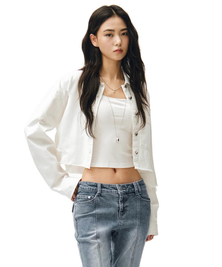 Deketeuumeon Cropped Damage Denim Shirts Dcwsh004White