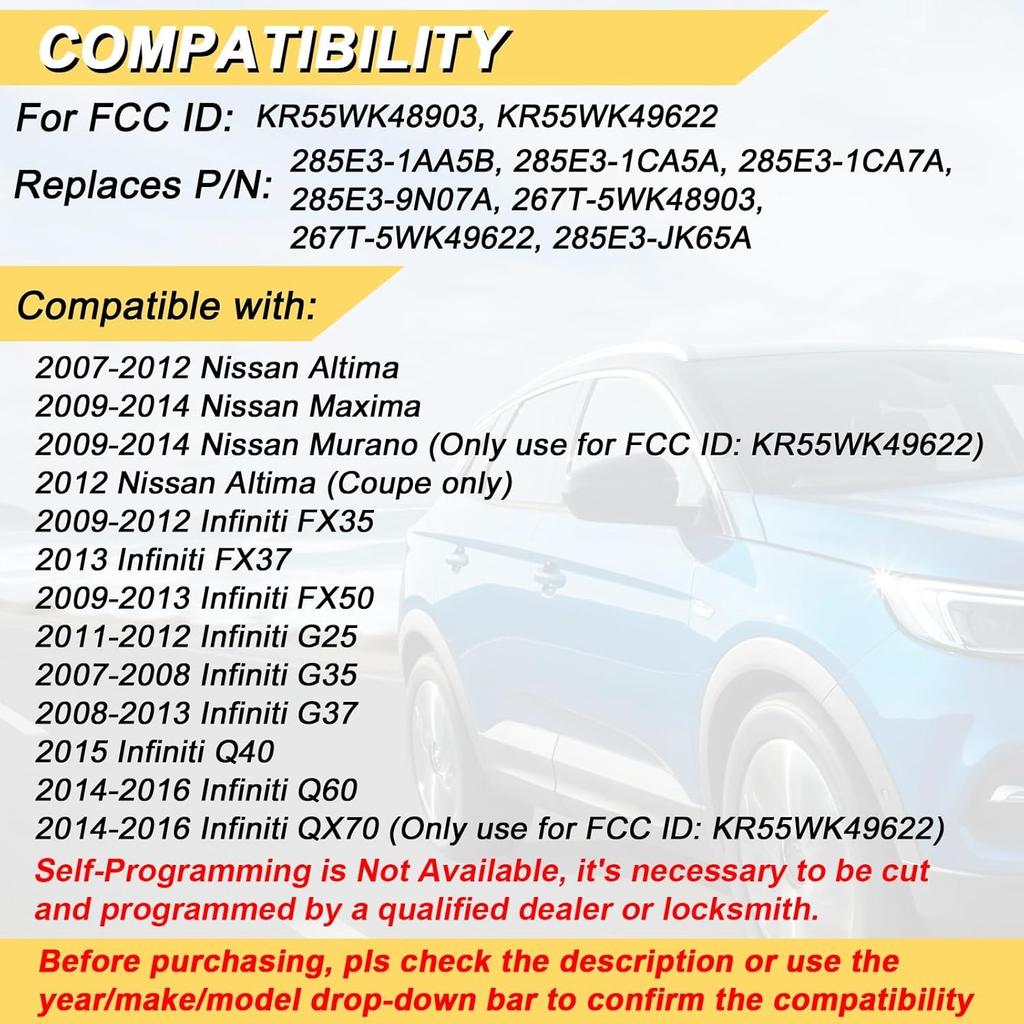 Key Fob for 07-12 Nissan Altima/ 09-14 Maxima / 09-12 Infiniti FX35/ 08-13 G37/ 09-13 FX50/ 14-16 Q60 QX70/ 11-12 G25/ 07-08 G35, KR55WK48903, 2Pcs