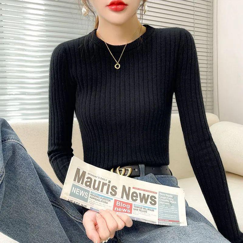 Women's Slim Fit Round Neck Knitted Sweater - Autumn/Winter Fashion, Long Sleeve, High-Quality Inner Layer Top.