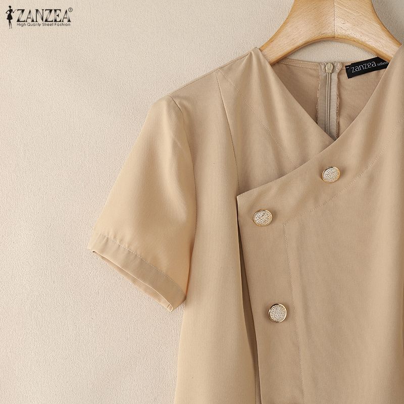 ZANZEA Vestido Casual Feminino de Verão com Decote em V e Manga Curta