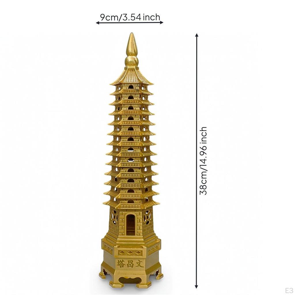 Copper Decorative Tower 13 Tier Pagoda Model Gold Metal Finish for Home Library