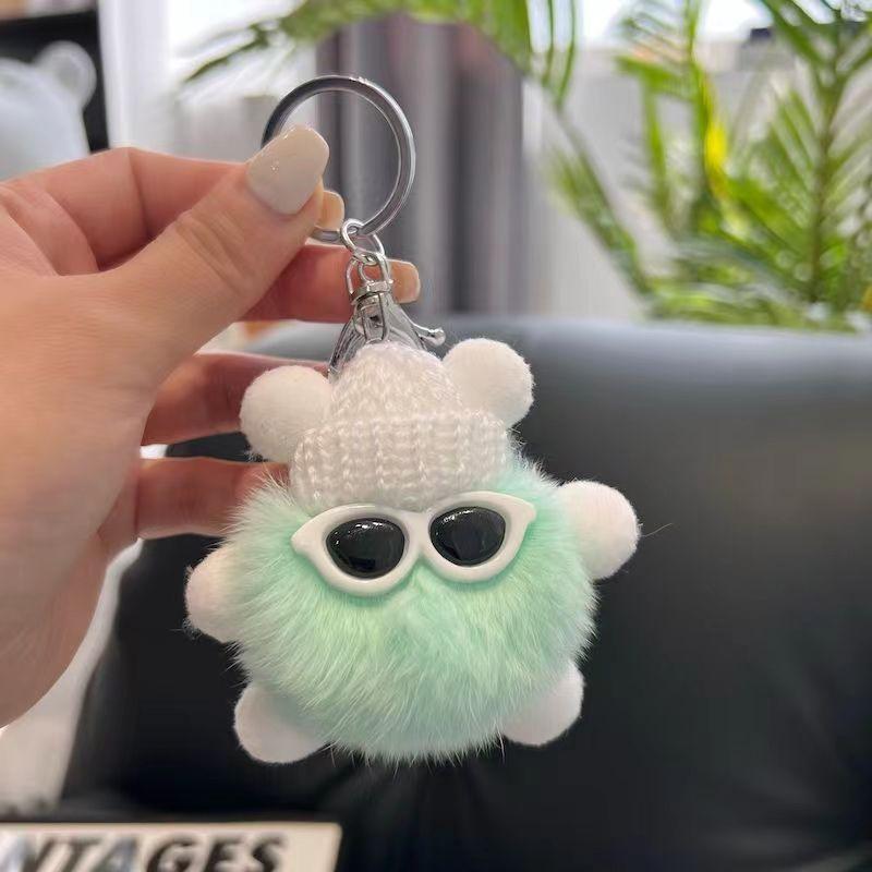 

Fluffy Pom Pom Keychain with Knit Hat and Sunglasses Soft Plush Ball Charm Bag Pendant Accessory for Car Keys and Backpacks