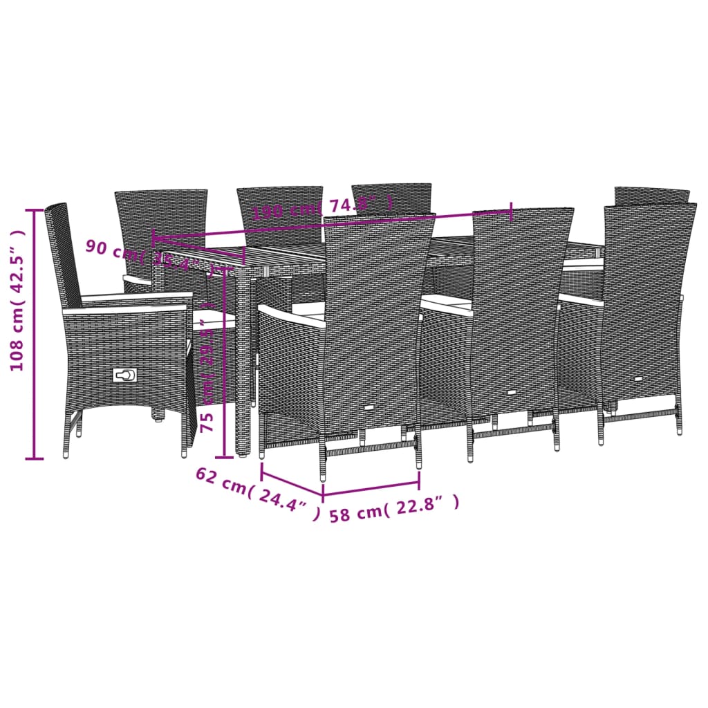 Vidaxl 9-Cz. Garden Furniture Set With Cushions, Black, PE Rattan