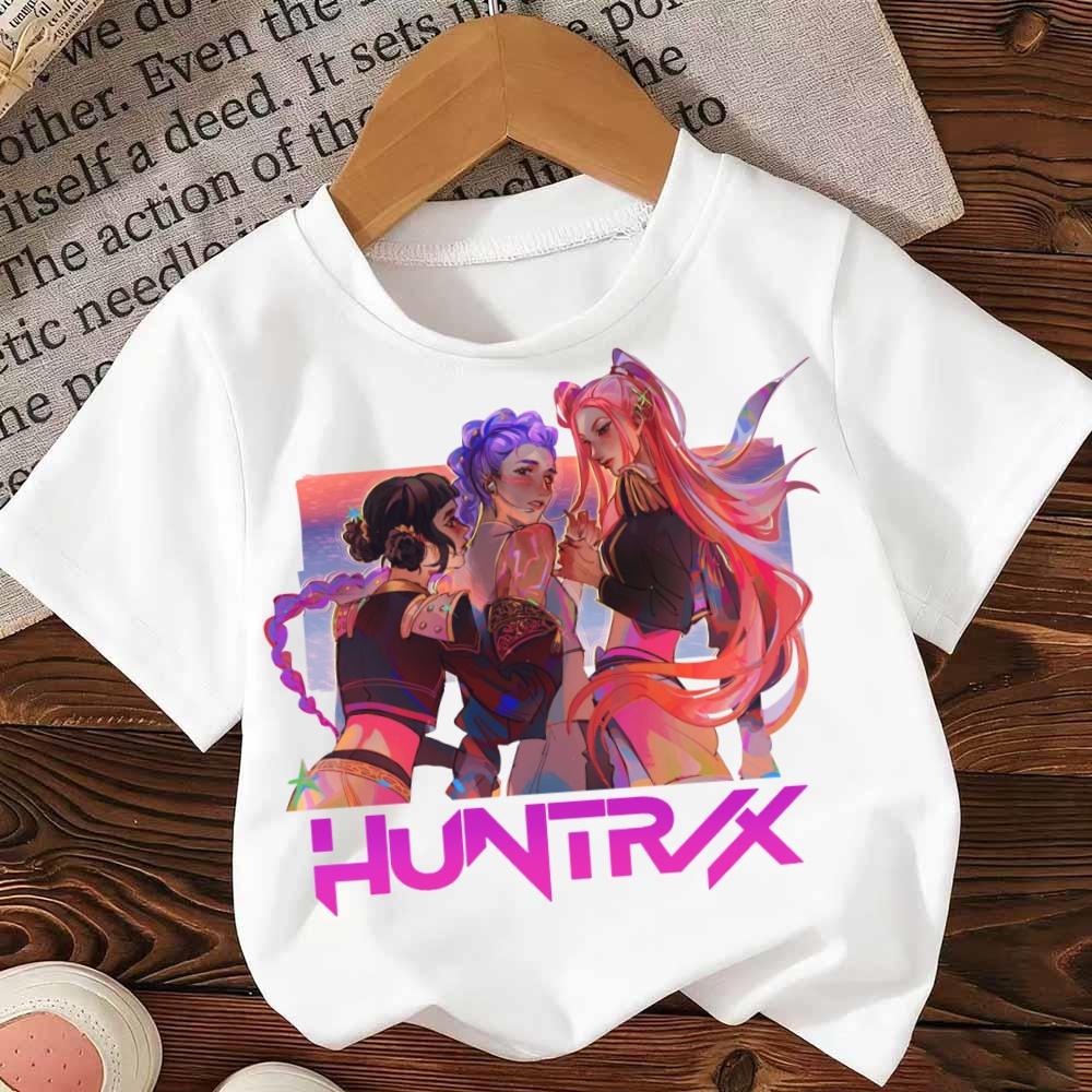 Demon Hunters Kpop T-shirt Girls Boys Short Sleeve Purple Tee Anime Children's Clothing Huntrix Tiger Harajuku Tops Tshirt Gifts