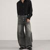 Men's Distressed Black-Gray Curved Blade Baggy Jeans - Unisex Casual Floor-Length Pants