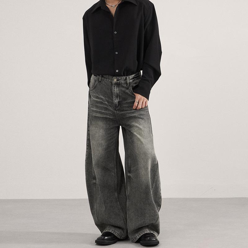 Men's Distressed Black-Gray Curved Blade Baggy Jeans - Unisex Casual Floor-Length Pants