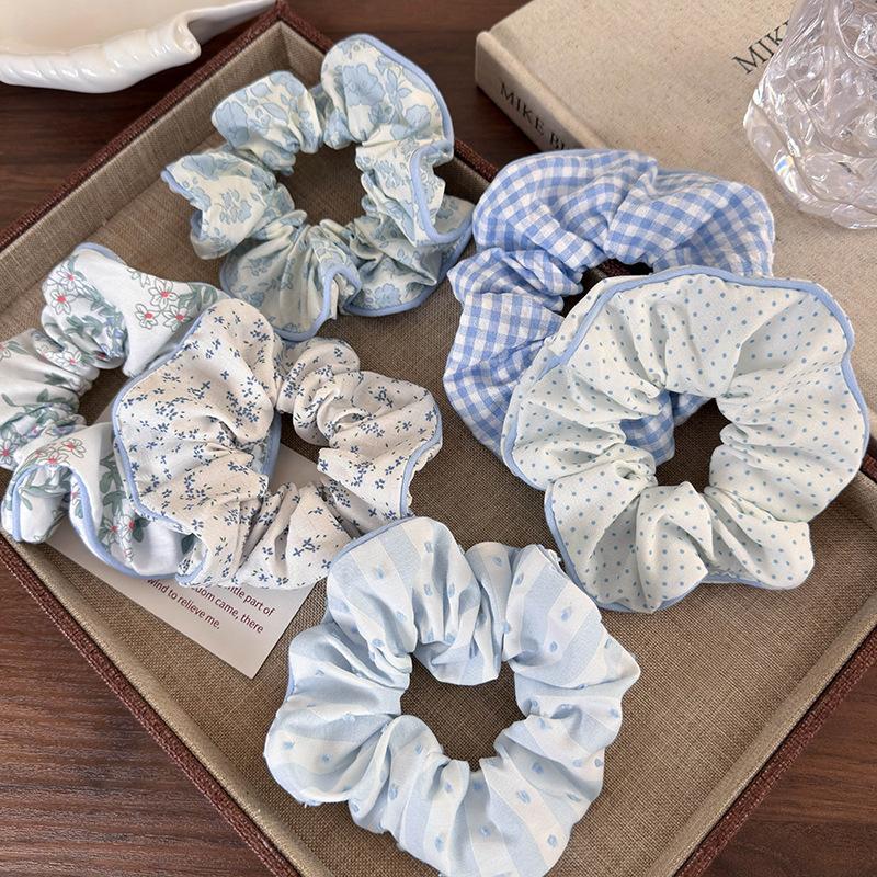 Sea Blue Polka Dot Scrunchies Fashion Gilrs Floral Plaid Large Intestine Hair Ties Ropes Women Sweet Versatile Rubber Bands
