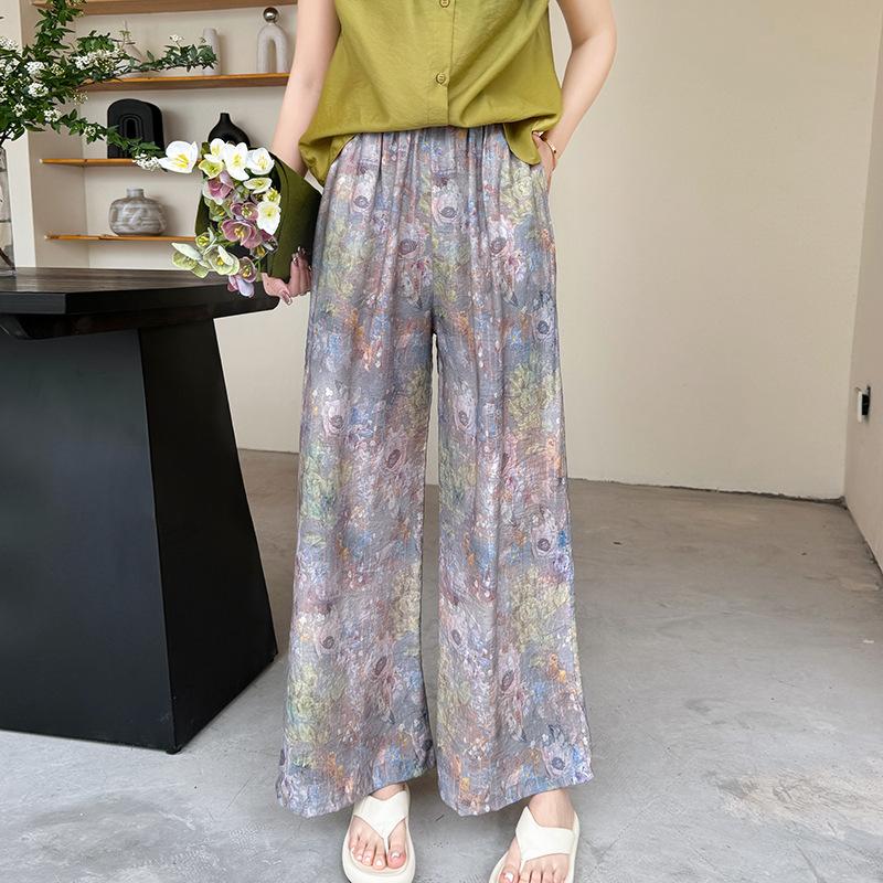 Pantaloni de pijama din bumbac mătase pentru femei, secțiune subțire de vară, anti-țânțari, pantaloni cu picior lat, culoare uni, pentru exterior, casă, petrecere a timpului liber, imprimeu, pantaloni de plajă până la genunchi