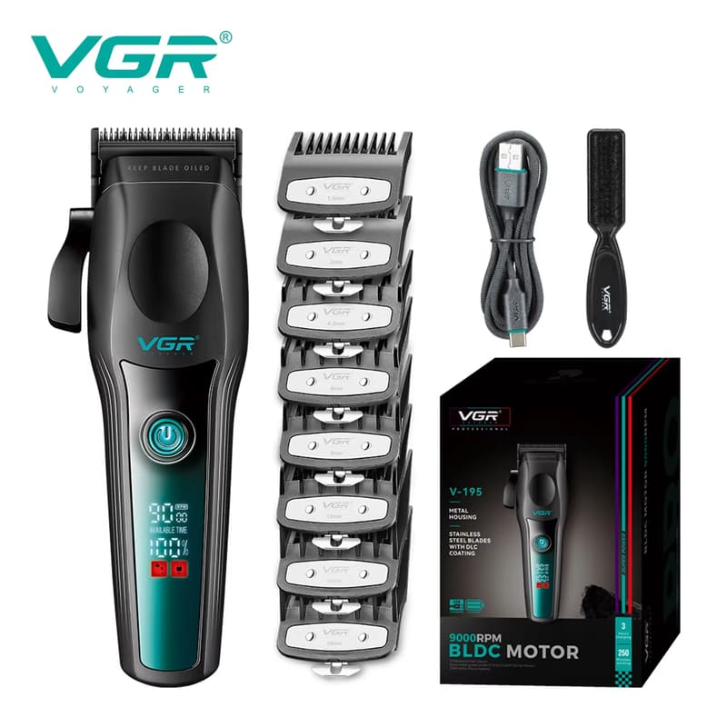 

Новая профессиональная домашняя машинка для стрижки волос VGR с бесщеточным двигателем, металлическим корпусом, лезвием из титанового сплава, триммером для волос, ЖК-дисплеем, интеллектуальной цифровой бритвенной машинкой V-195 зелёный