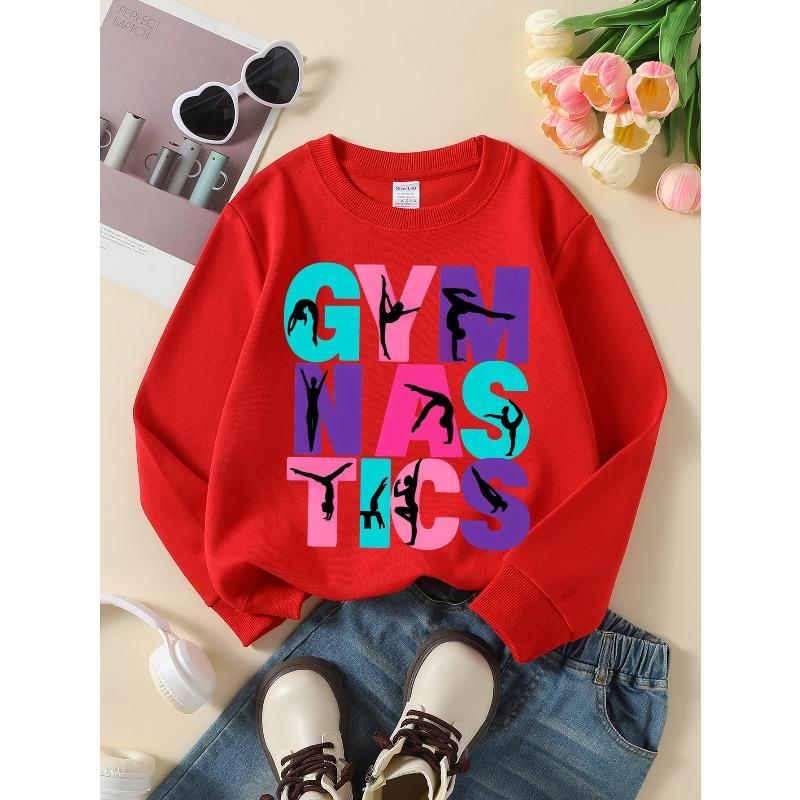 European sizes Artistic Design with Colorful Letters & Gymnastics Girls' Crew Neck Sweatshirt, Long-Sleeved Casual Top for Young Girls