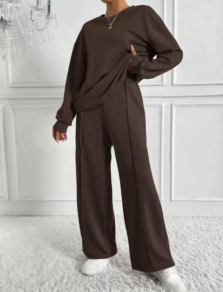 Trendy Solid Color Long Sleeve Round Neck Two-Piece Set for Women