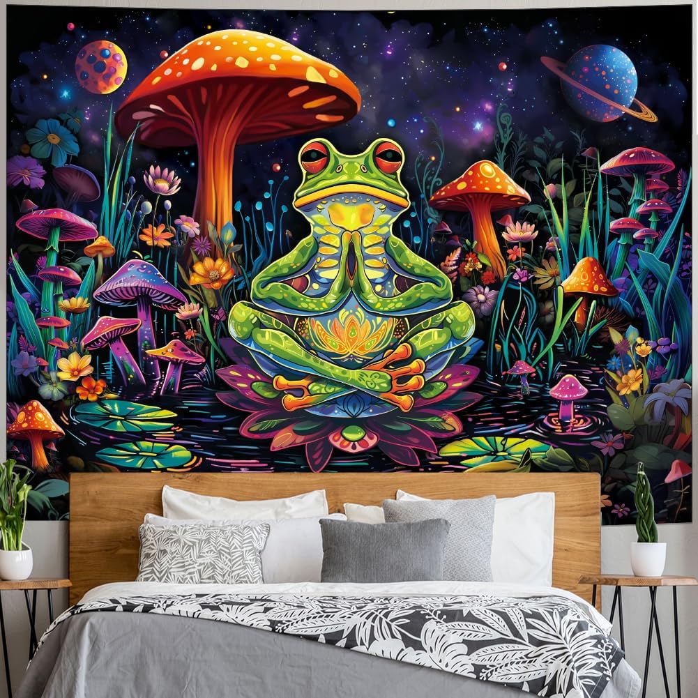 Frog Tapestry Hippie Mushroom Tapestry Galaxy Space Tapestries Colorful Plant Floral Wall Art Aesthetic Tapesties Wall Hanging