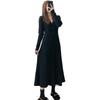 JINJUDUO Tricô Suéter Longo Elegante Alto Midi Solto Slim Simples Adequado para Casual e Escritório Preto Vestido Feminino, Outono/Inverno, Decote em V, Mangas,