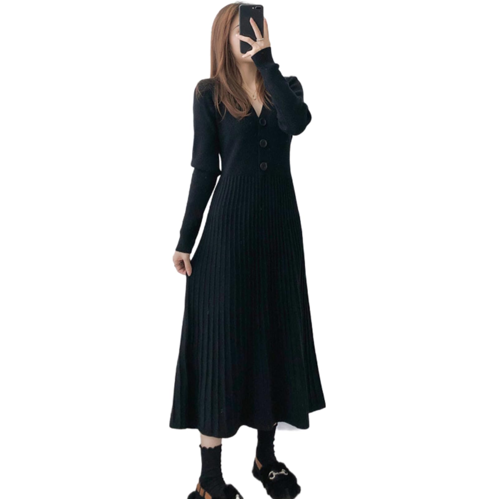 

Knit Long Sleeve Elegant High Medium Relaxed Slimming Simple Black [JINJUDUO] Women s Dress, Autumn/Winter, V-Neck, Sweater, Dress, Waist, A-Line, чёрный