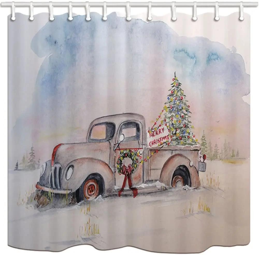 

Christmas Shower Curtain Bathroom Vintage Truck With Xmas Tree Shower Curtain Winter Christmas Fabric Shower Curtains With Hooks W90XH180cm