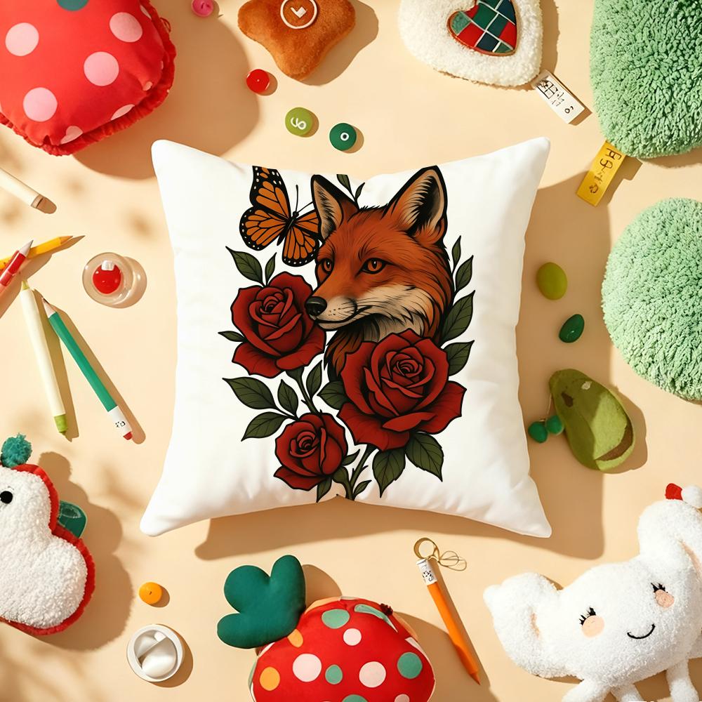 Cute Fox Cushion Cover Plush Fabric Soft Double-Sided Printed Sofa Warm Winter Home Child Gift Pillow Case