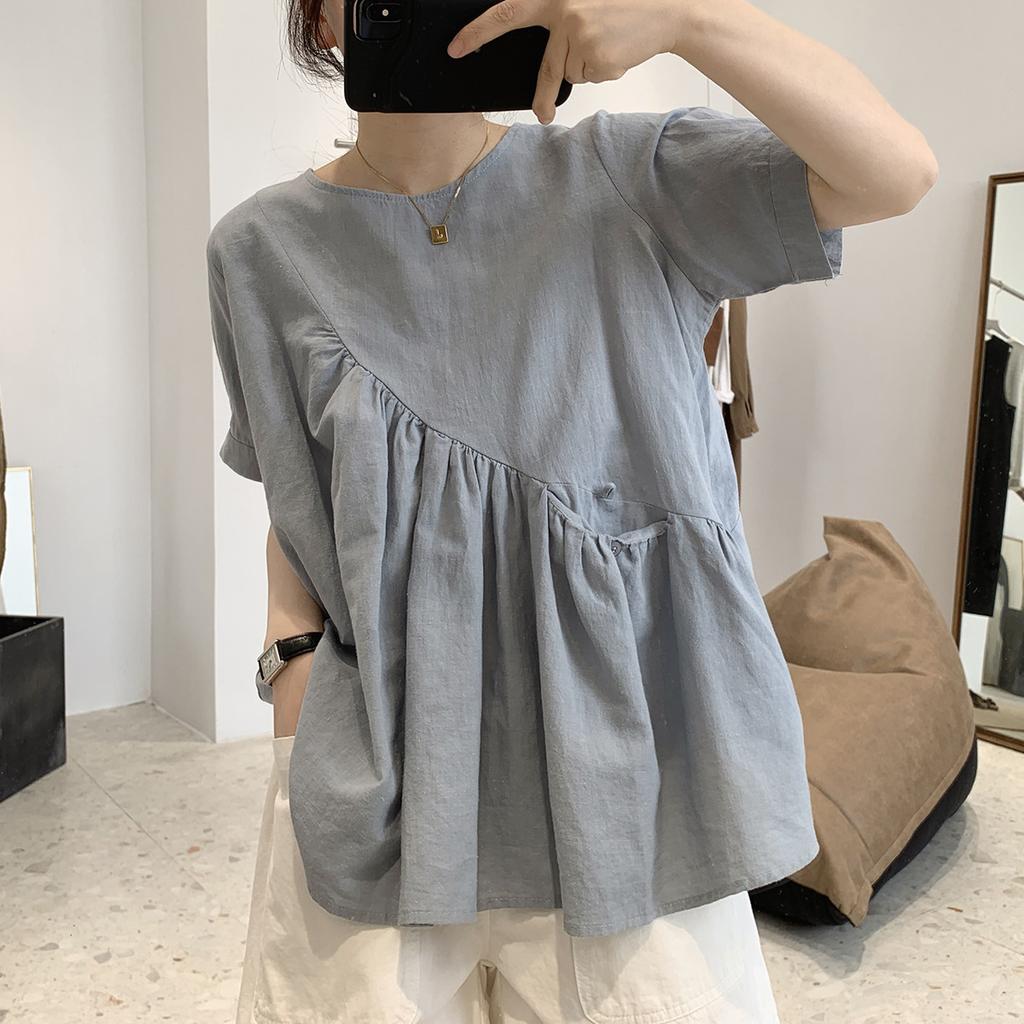 Irregular Cotton and Linen Shirt for Women in Summer Loose Round Neck Short Sleeved Shirt