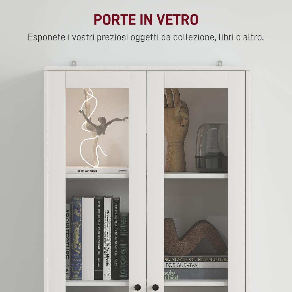 Credenza da cucina con armadietto e 2 cassetti, ante in vetro e ripiani regolabili, 59x30x164 cm, Bianco