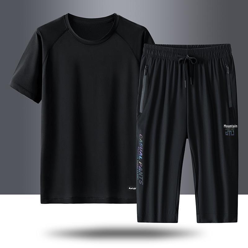 Men's Quick-Dry Ice Silk Summer Suit - Short Sleeve Top & Multi-Length Sports Pants