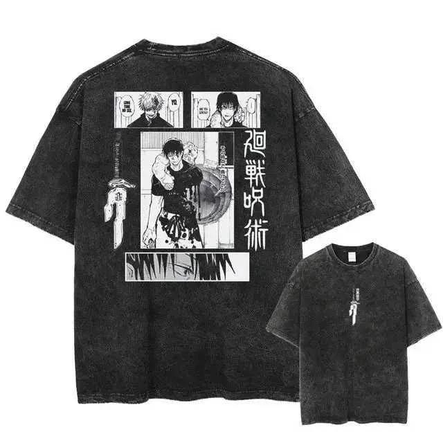 Japanese Anime Jujutsu Kaisen Print Vintage Washed Tshirt Harajuku Streetwear Graphic T-Shirt Summer Short Sleeve Cotton672