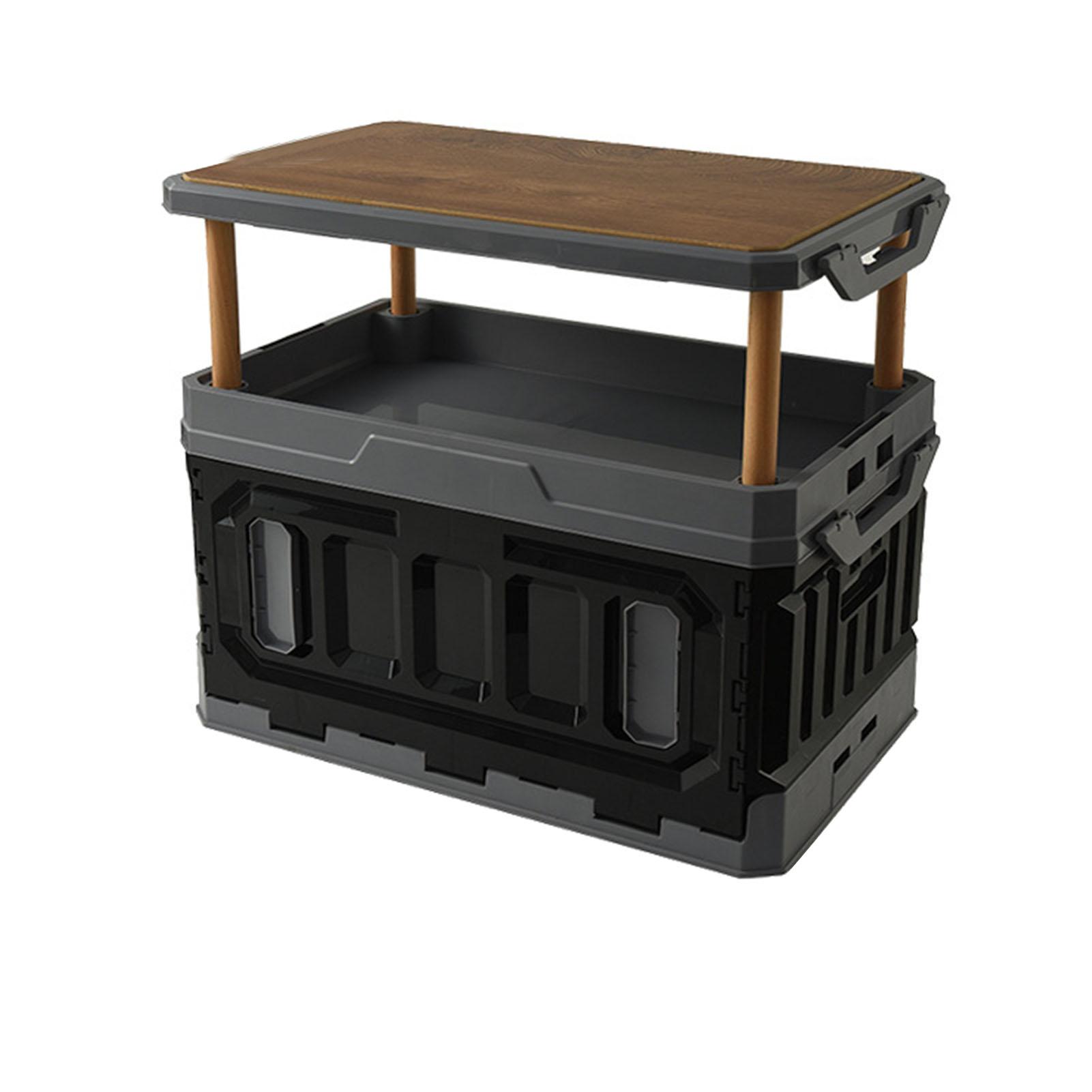

Camping Box Foldable Stackable Large Capacity 3 Layer Wood Cover Plastic Storage Bin 95L Black Gray