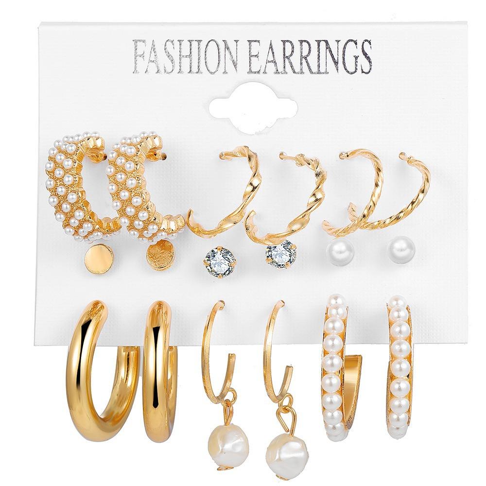 

9 Pairs Women Fashion Earrings Simple Studs Wavy Hoop Earrings Pendant Earrings