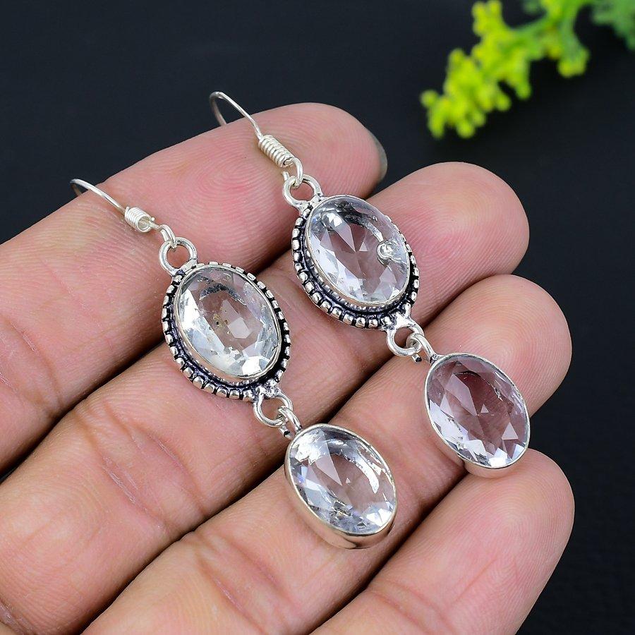 Natural White Topaz Gemstone Handmade 925 Sterling Silver Earring 2.29" k4C23