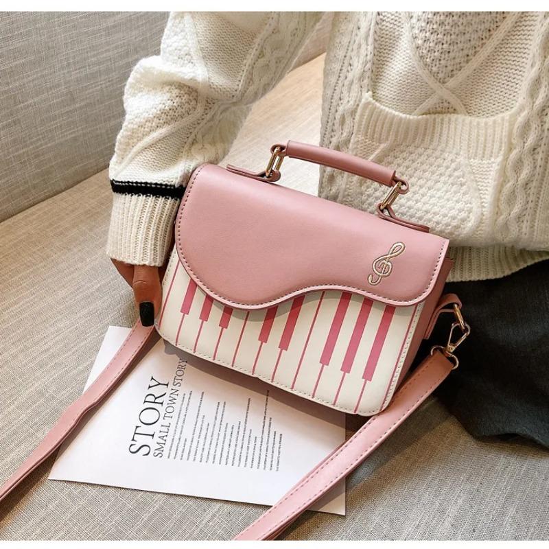 Fashion Color Contrast Embroidery Small Square Bag Girl Sweet Personality Piano Notes Small Satchel Handbag Handbag for Women