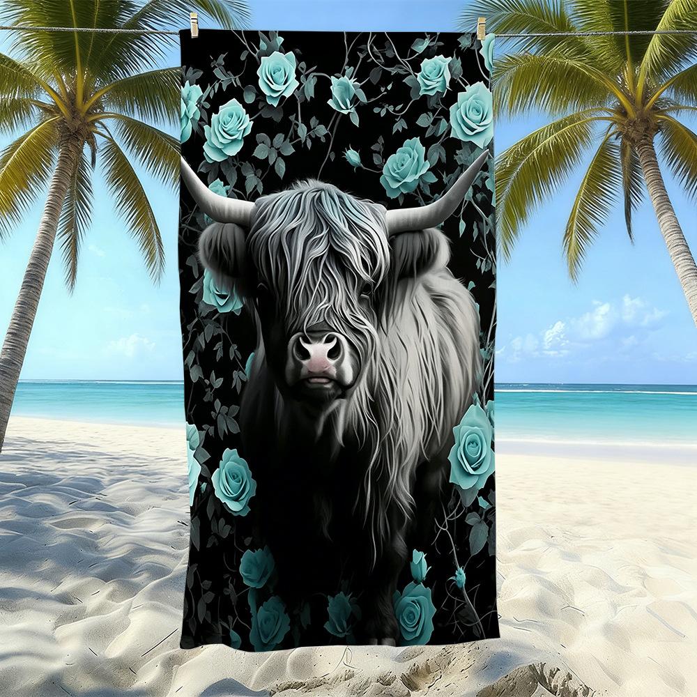 Europäisches und Amerikanisches Retro Hochlandrind Druck Strandtuch Mikrofaser Verdickt Wasseraufnahme Schnelltrocknend Outdoor Badetuch