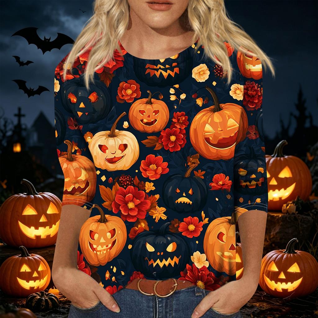 Women's Casual Halloween Print Pullover Top Lightweight Long Sleeve Round Neck Shirt for Fall Seasonal Wear