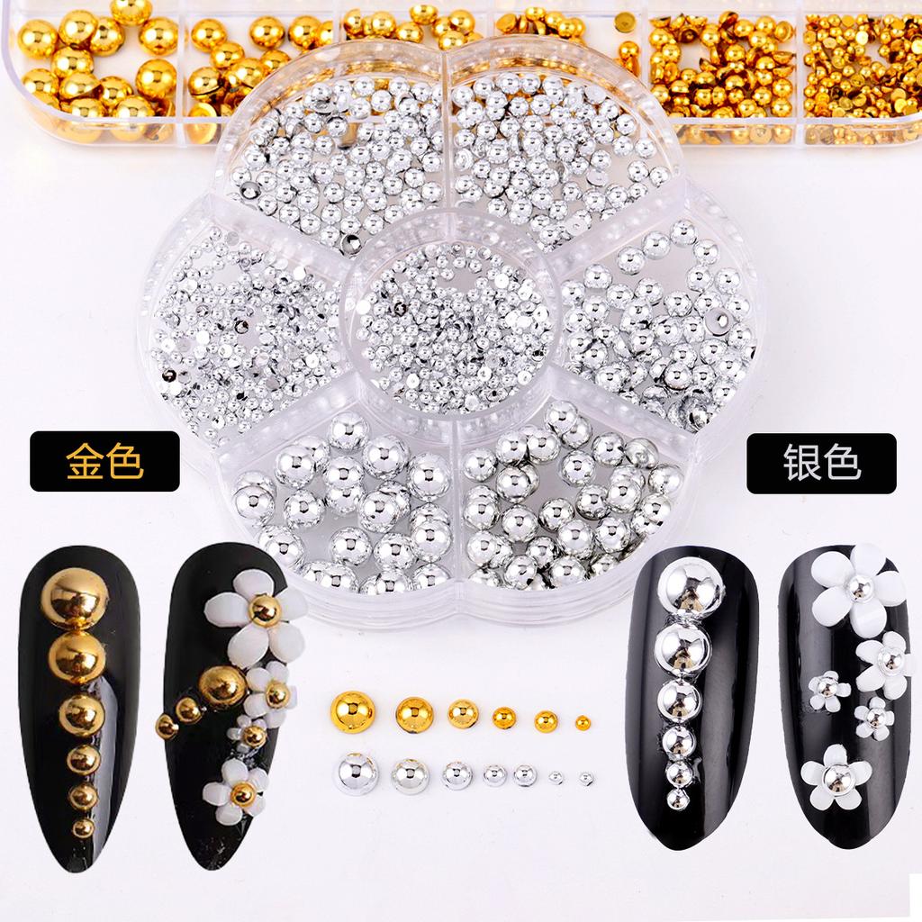 12-Grid Box Of Gold And Silver Abs Semi-Round Pearl Manicure Jewelry Diy Mixed Pearl Jewelry