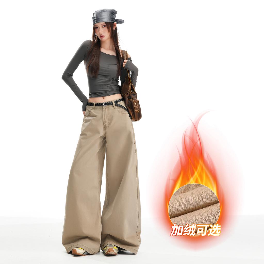 Khaki high-waisted straight jeans women's autumn new versatile loose and thin wide-leg casual long pants